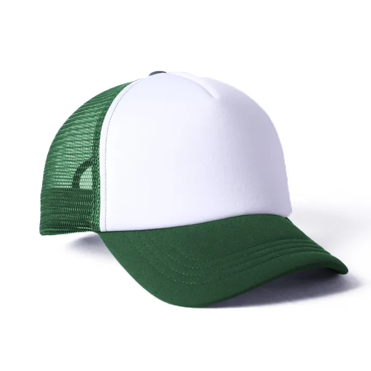 white and dark green trucker hat