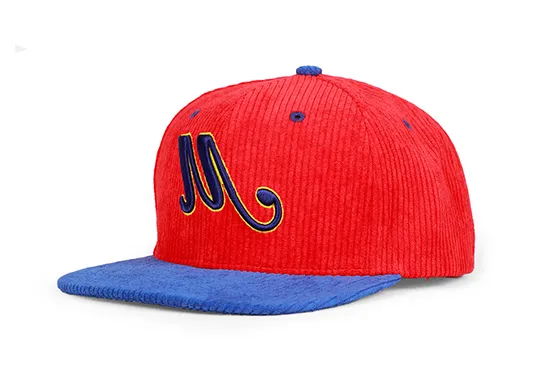 red and blue corduroy snapback hat