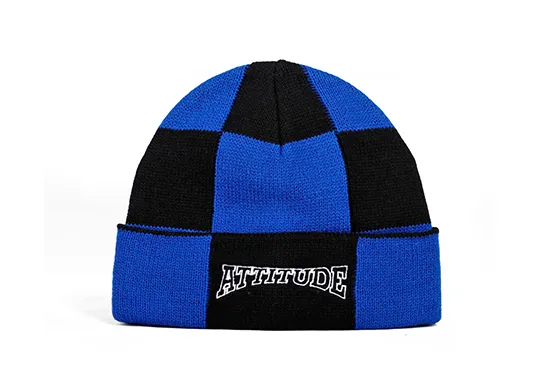 black and blue checker beanie