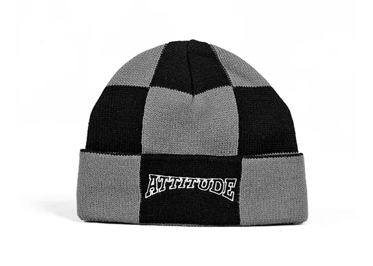 black and grey checker beanie