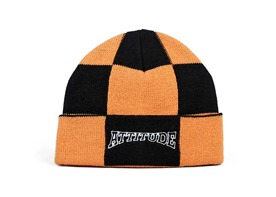 black and orange checker beanie