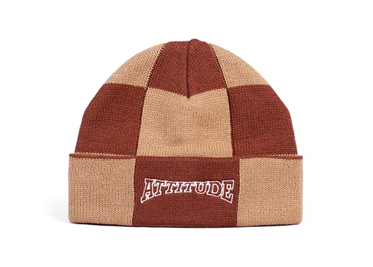 brown and beige checker beanie