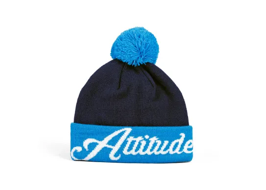 navy and blue pom pom beanie