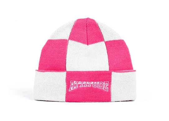 pink and white checker beanie