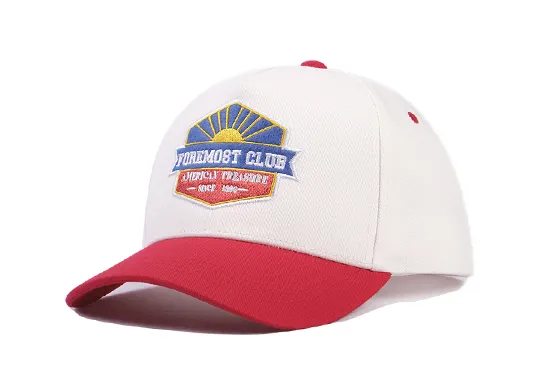 beige and red baseball cap