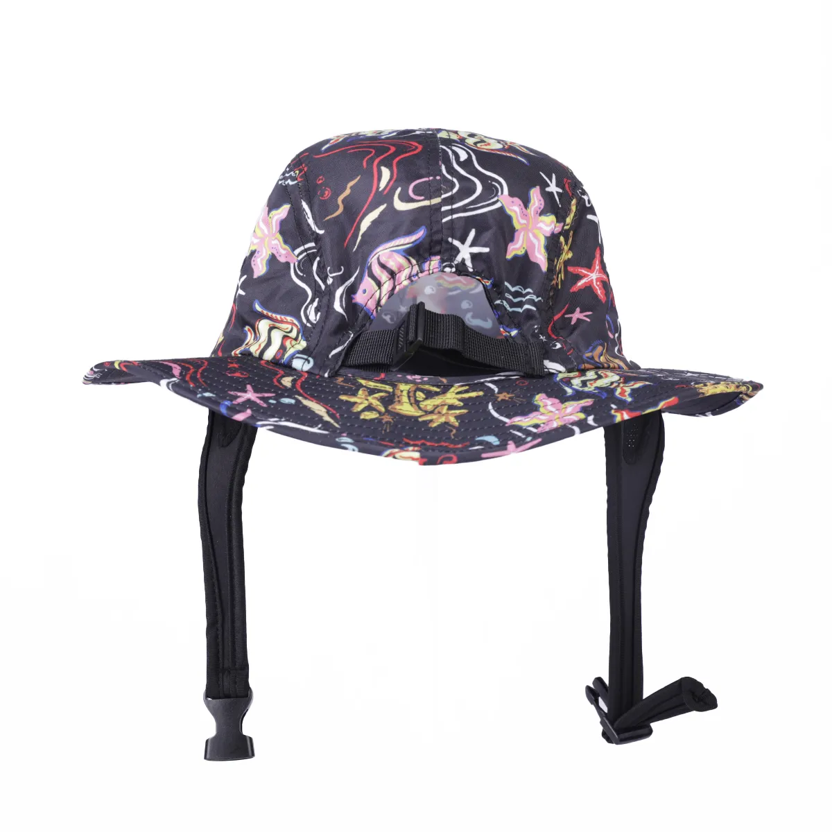 print bucket hat with chin strap