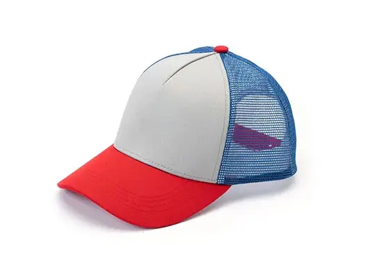 red and grey trucker hat