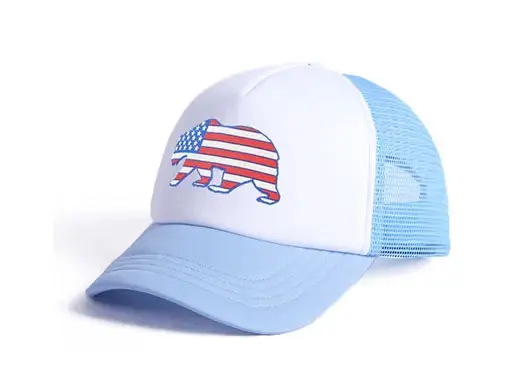 white and blue trucker hat