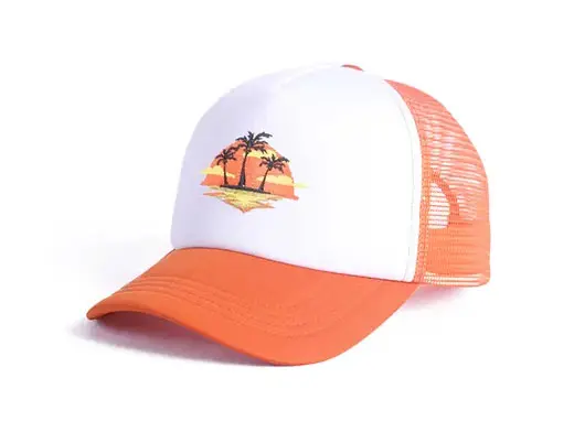 white and orange trucker hat