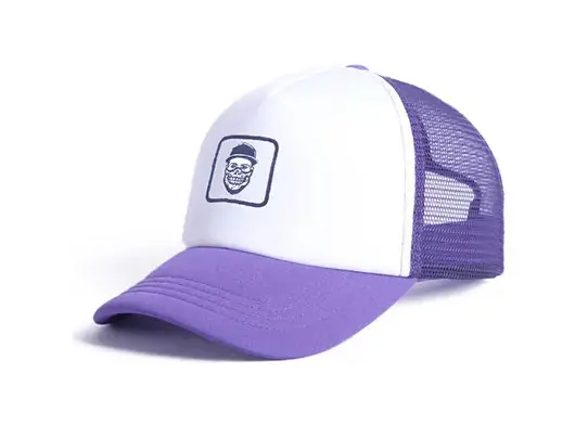 white and purple trucker hat