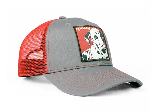 red and grey trucker hat