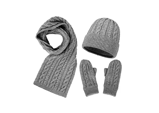 Grey Cable Knit Scarf Hat & Gloves Set