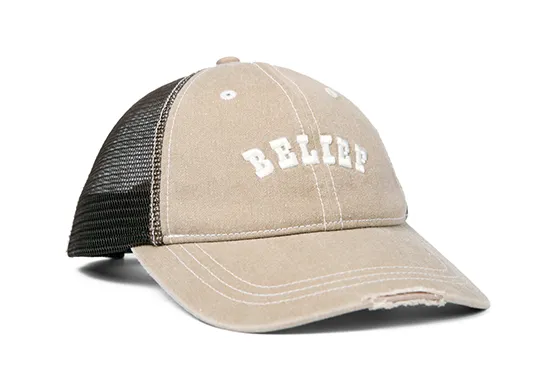 beige distressed trucker cap
