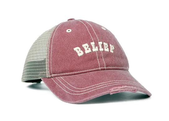 red distressed trucker cap