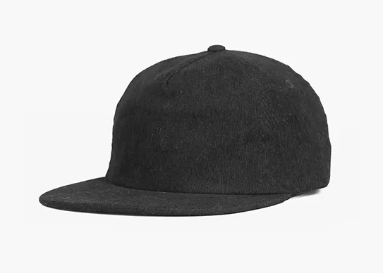 black 5 panel corduroy snapback hat