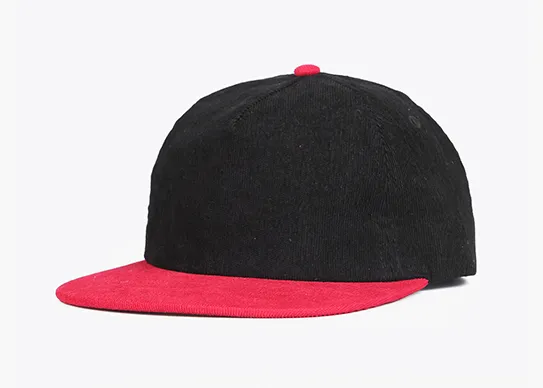 black and red 5 panel corduroy snapback hat