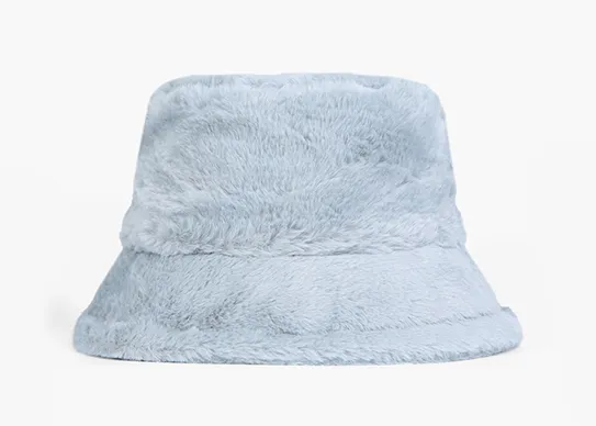 blue grey fuzzy bucket hat