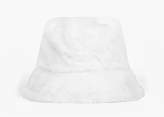 white fuzzy bucket hat